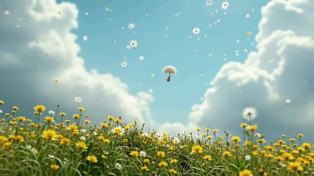 Whimsical bunny in basket floating with dandelion parachute in spring sky