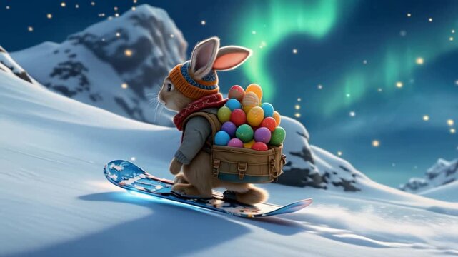 Snowboarding bunny with easter eggs under the northern lights