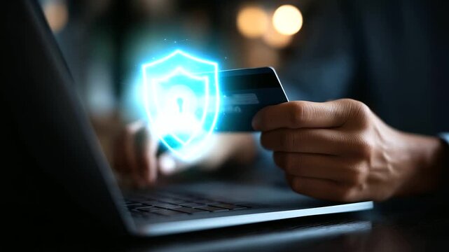 Secure online payment concept with credit card and digital security shield icon visualization safe e commerce transaction interface fintech protection system cyber security and
