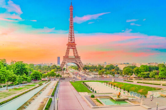Paris Eiffel Tower and Trocadero garden at sunset in Paris, France. Eiffel Tower is one of the most iconic landmarks of Paris.