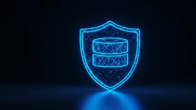 Shield with database inside, neon glow, digital connections, on a dark, reflective surface