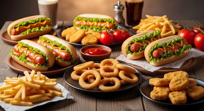 Delicious fast food spread with hotdogs fries onion rings and nuggets