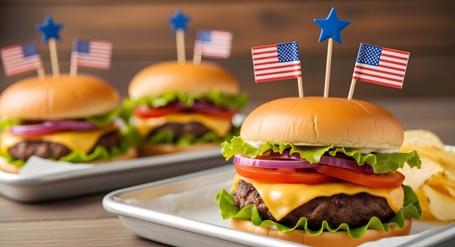 American style mini burgers with flags on top for independence day celebration