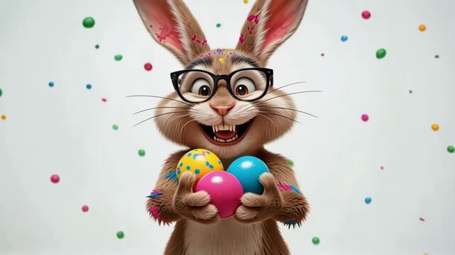 Animated bunny with glasses joyfully holding colorful easter eggs surrounded by candy