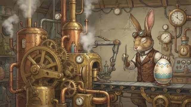 Steampunk rabbit workshop: whimsical easter egg creation in a retro-futuristic setting