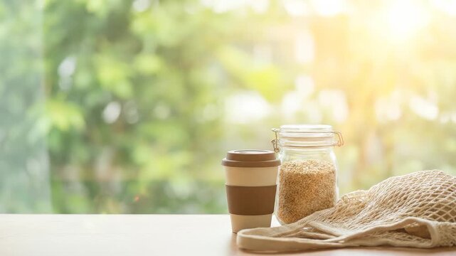 Ecoconscious coffee  sustainable pantry staples by a sunlit window.