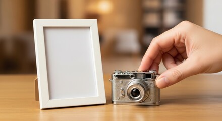 Hand holding miniature vintage camera next to white picture frame