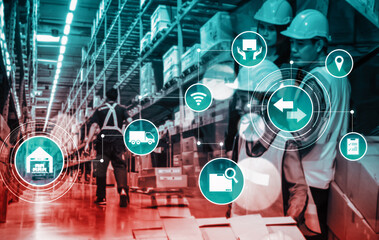 Fototapeta premium Smart warehouse management system with innovative internet of things technology to identify package picking and delivery . Future concept of supply chain and logistic network business .