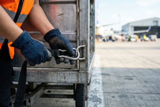 An airport ground crew worker in safety gloves securing a cargo container with a strap and hook