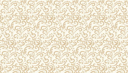 Elegant seamless floral pattern with gold leaf ornaments on a beige background. Luxury vintage damask texture for wedding invitations, greeting cards, and premium product packaging design. © akbariman