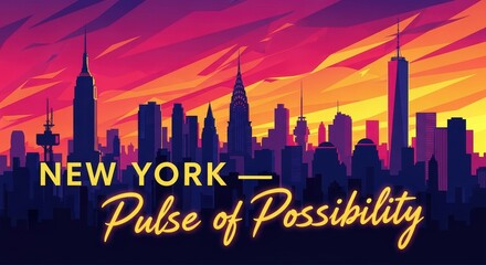 Fototapeta premium Bold dynamic illustration of New York with skyline silhouettes and high-contrast shapes, deep shadows, lettering “New York — Pulse of Possibility”