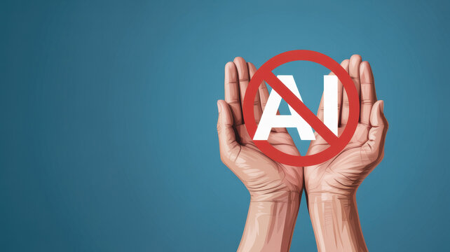 Hands holding no AI symbol, protest against artificial intelligence technology concept 

