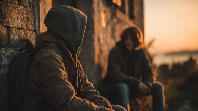 Young chavs discussing some sketchy stuff in the street, evening light