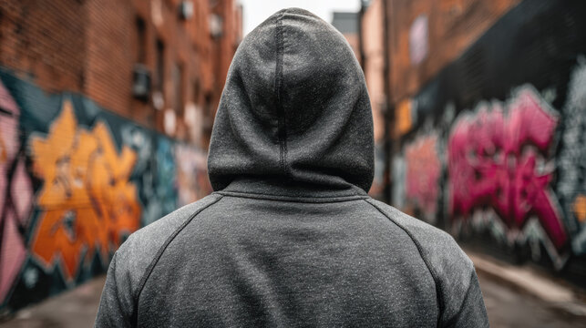 Suspicious young man in hoodie, a gang member, view from behind