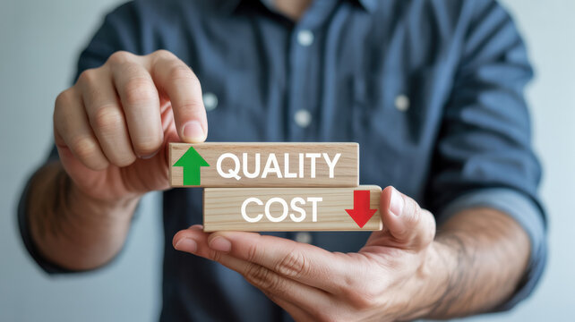 Business strategy concept with quality increase and cost reduction 
