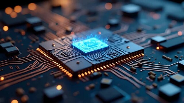 Advanced microchip processor glowing on futuristic motherboard animation video, AI computing technology background, high speed data processing, cybersecurity, digital innovation concept