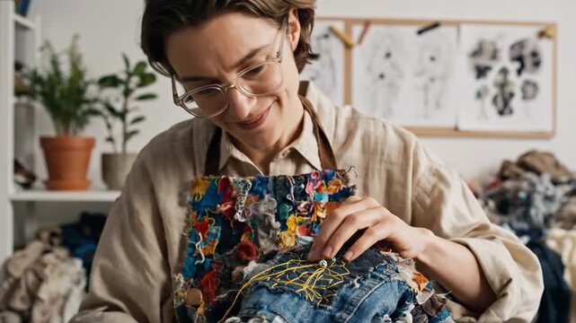 Woman sewing denim fabric with golden thread
