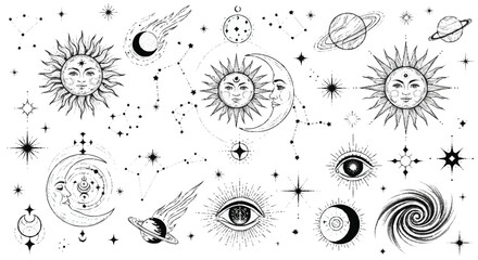 Black and white of celestial bodies and stars moon planets constellations © SnappyDesigns