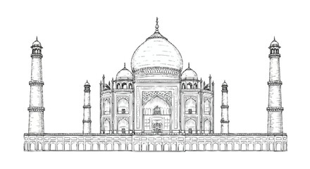 Black and white of the Taj Mahal with domes and minarets line architectural monument © Stock Fire