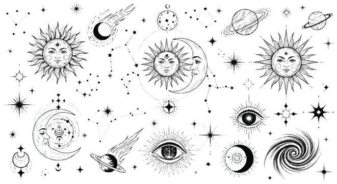 Black and white of celestial bodies and stars moon planets constellations