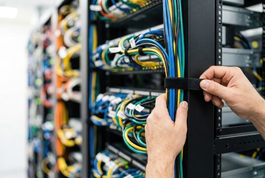 An IT technician organizing and bundling colorful network cables with a velcro strap in a server rack