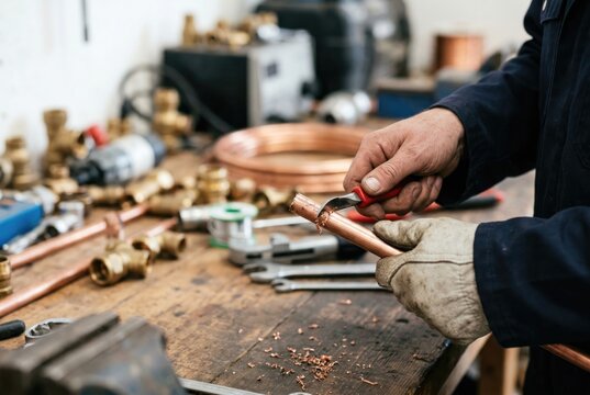 A plumber in gloves using a deburring tool to smooth the edge of a copper pipe in a workshop