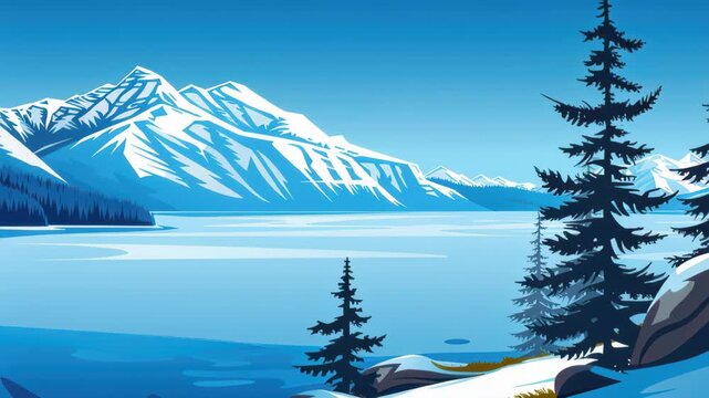 Winter Wonderland: Majestic mountains loom over a serene, snow-covered lake, framed by snow-laden evergreen trees, creating a stunning winter vista. 