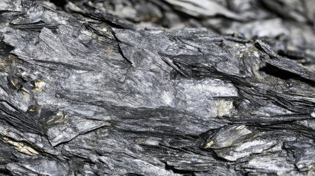 Mica schist texture, flaky shiny layers of silver mica embedded in rock, glittery geological texture