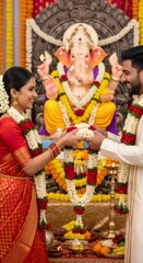 Fototapeta premium Indian couple offering floral garlands during Ganesha Chaturthi celebration. Religious devotion and traditional ritual for Hindu festival.