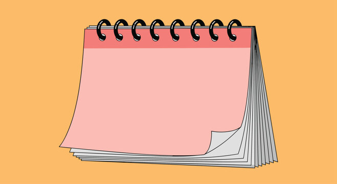 Pink spiral bound desktop calendar with blank pages standing against a vibrant solid orange background for planning.