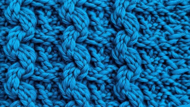 Blue Knit Fabric Close-Up: An up-close view reveals the texture of a knitted fabric with a distinct cable stitch pattern, perfect for textile and craft projects.