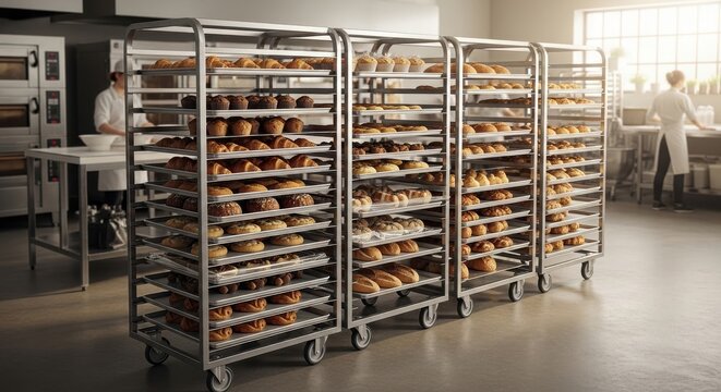 Rows of assorted bread on metal shelving units in a commercial kitchen with people in the background