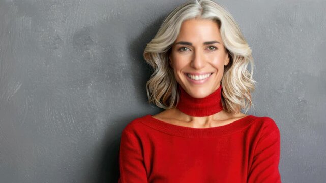 Serene Smile of Wisdom: A radiant mature woman with a cascade of silver hair beams a genuine smile, her eyes reflecting a life of experience and contentment.