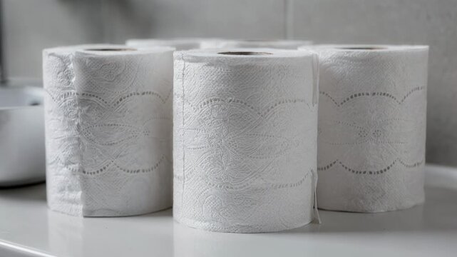 Detailed medium shot capturing decorative perforation patterns on bathroom tissue featuring uniquely shaped tear lines that add an aesthetic touch to standard toilet paper rolls.