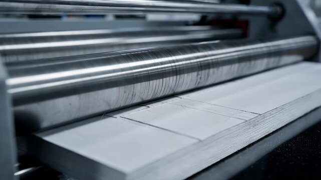 Medium shot of scoring rollers creating deep crease lines on thick paperboard highlighting precision and pressure in industrial folding processes.