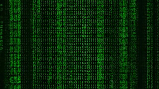 Abstract digital green matrix of characters cascading down on a black background