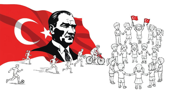 Atat&uuml;rk portrait with Turkish flag and children black and white red flag