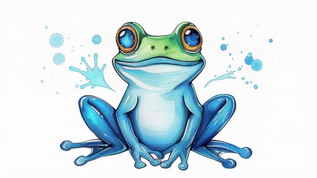 Colorful frog illustration: A vibrantly colored frog with large, expressive eyes and a cheerful smile, showcasing artistic illustration and watercolor elements.