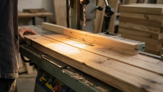 Craftsmans hands at medium range operating milling machine on bevel wood siding emphasizing clean angled bevels and rich wood patterns ready for decorative wall application.