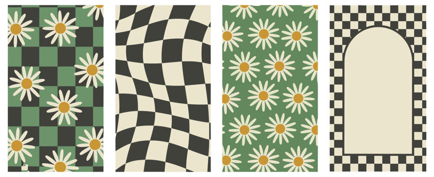 Four Vertical Retro Graphics Featuring Daisies Checkered Patterns And Arch vector illustration