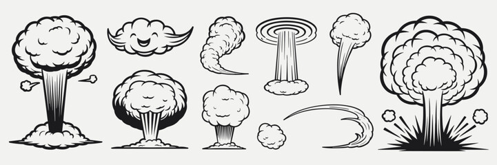 Set of Black and White Cartoon Style Explosion and Smoke Cloud Illustrations comic © Maru