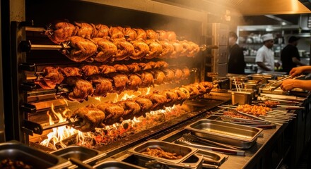 A large grill with many chickens on it in a commercial kitchen setting with a chef in the background