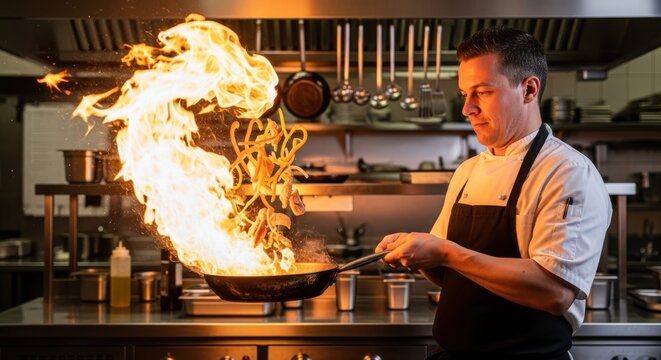 a man in a kitchen with a large flame coming out of a pan cooking with fire flame in the kitchen man