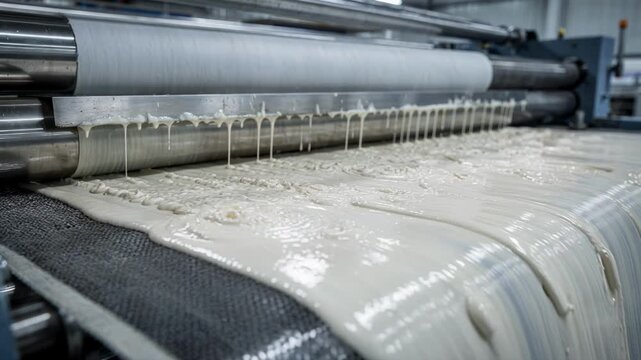 Medium shot showcasing the precision of pulp slurry distribution onto the moving wire highlighting the texture and motion of the wet paper sheet in an advanced production line.