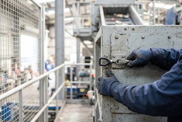 Industrial worker in blue overalls and gloves closing a safety latch on heavy machinery