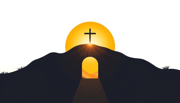 Vector illustration of empty tomb with shining light cross silhouette on hill jesus crist resurrection easter concept symbolizing hope and renewal