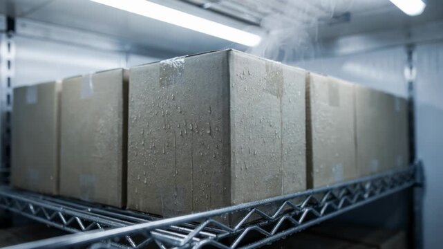 Medium shot of waterresistant coated cartons lined up in a cool refrigerated warehouse highlighting moisture protection for cold storage environments.