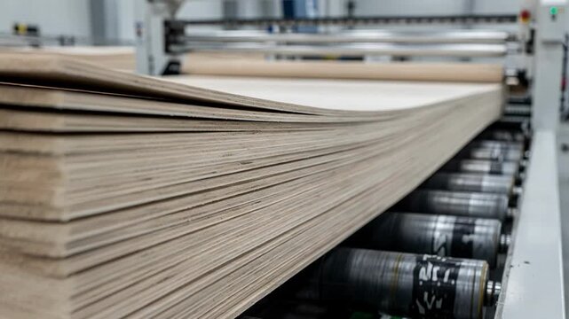 Stacked ultrathin plywood sheets neatly arranged on a conveyor belt emphasizing efficient production processes for bendable materials used in custom architectural designs.