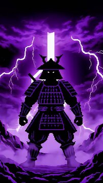 Fierce Samurai Warrior Silhouette Against Dramatic Purple Lightning - Powerful Japanese Illustration for Gaming Fantasy and Cyberpunk Design Projects