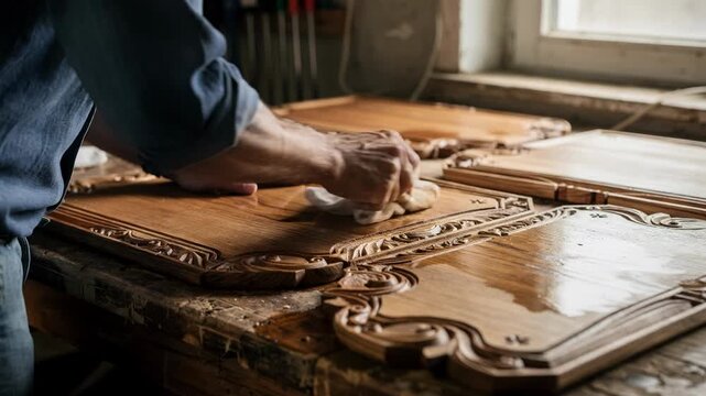 Medium shot of craftsman applying finishing touches to decorative wooden plaques highlighting the smooth textures and intricate routed designs.